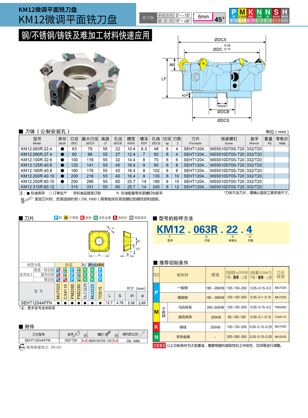 KM12微调平面铣刀盘参数